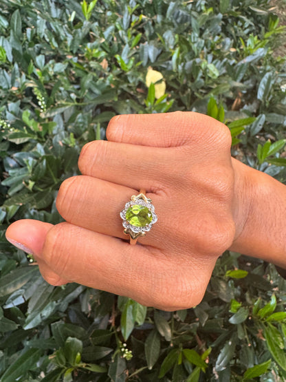 Gold Peridot and Diamond Cluster Ring