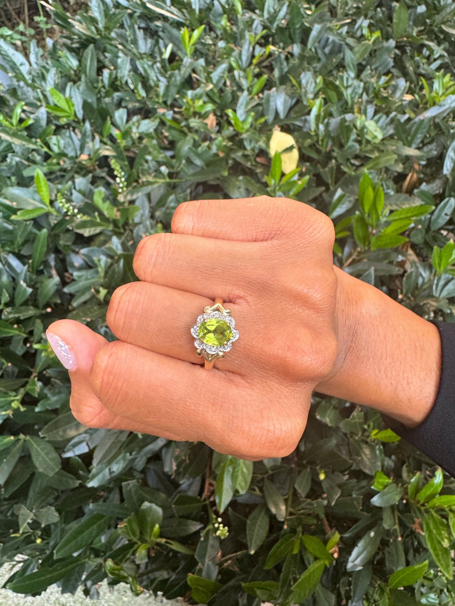 Gold Peridot and Diamond Cluster Ring