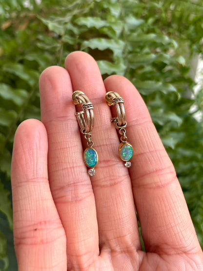 Gold Opal and Diamond Hoop Earrings