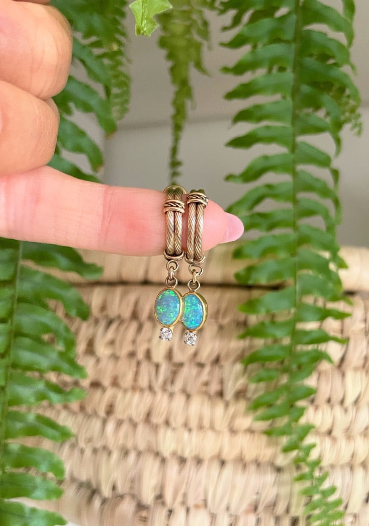 Gold Opal and Diamond Hoop Earrings