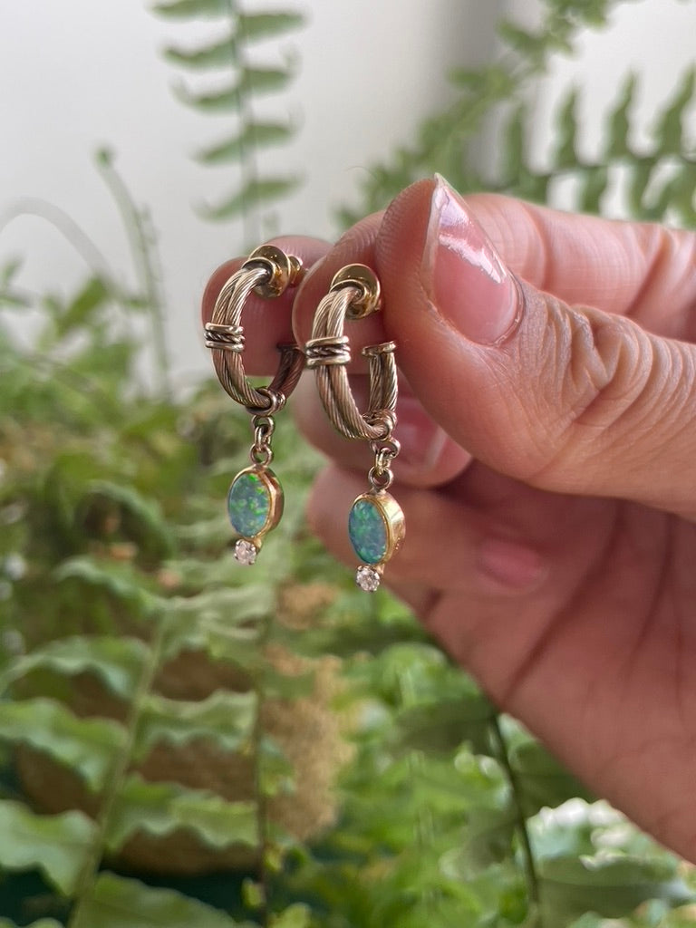 Gold Opal and Diamond Hoop Earrings