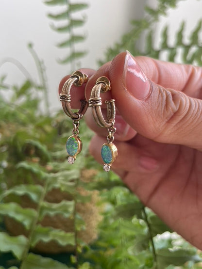 Gold Opal and Diamond Hoop Earrings