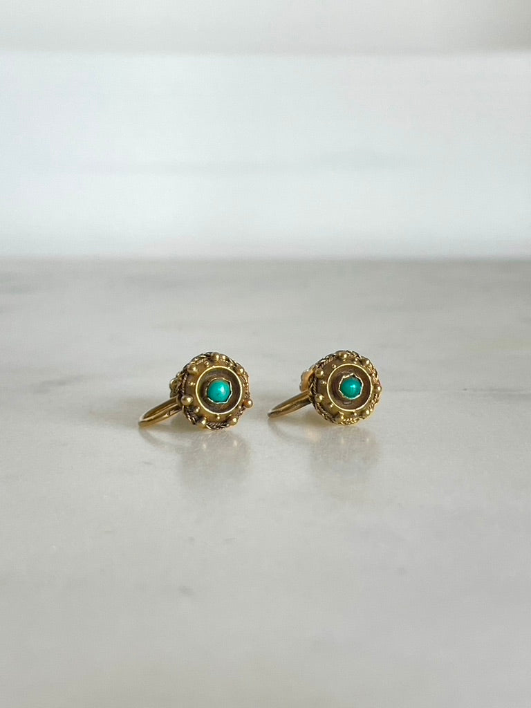 Gold Victorian Etruscan Revival Turquoise Screw Back Earrings