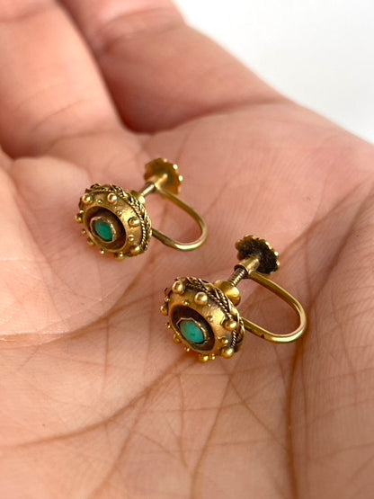 Gold Victorian Etruscan Revival Turquoise Screw Back Earrings