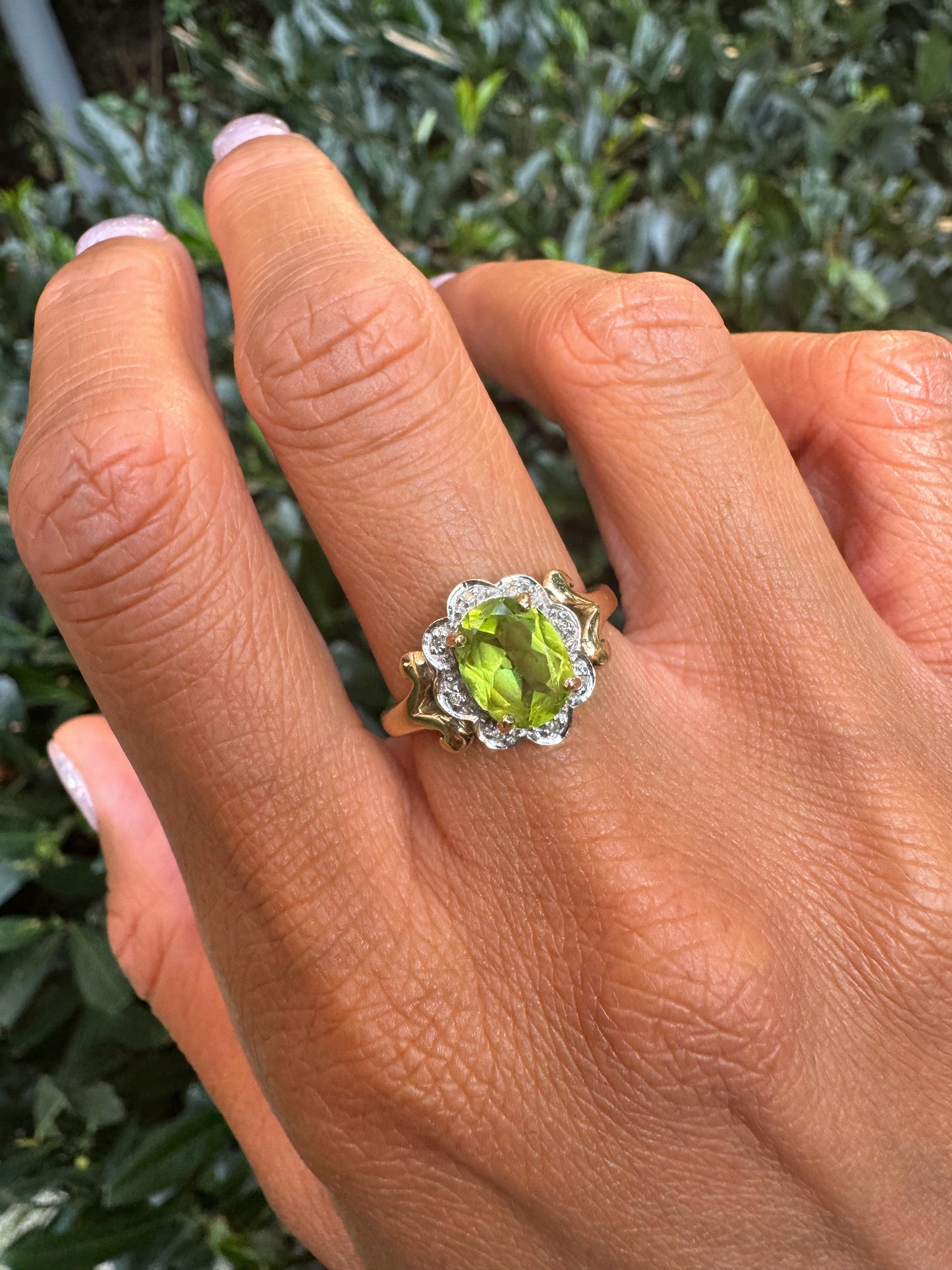 Gold Peridot and Diamond Cluster Ring