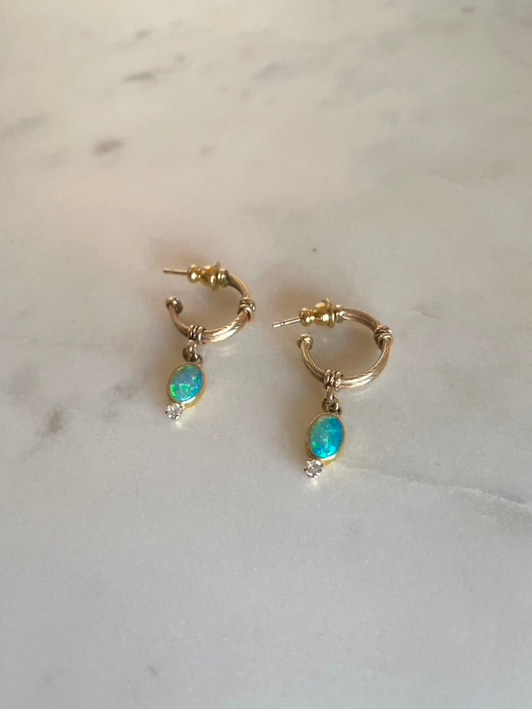 Gold Opal and Diamond Hoop Earrings