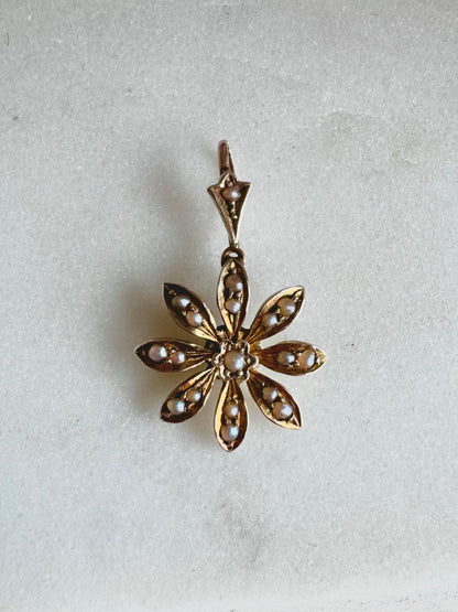 Gold Seed Pearl Daisy Pendant