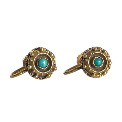 Gold Victorian Etruscan Revival Turquoise Screw Back Earrings