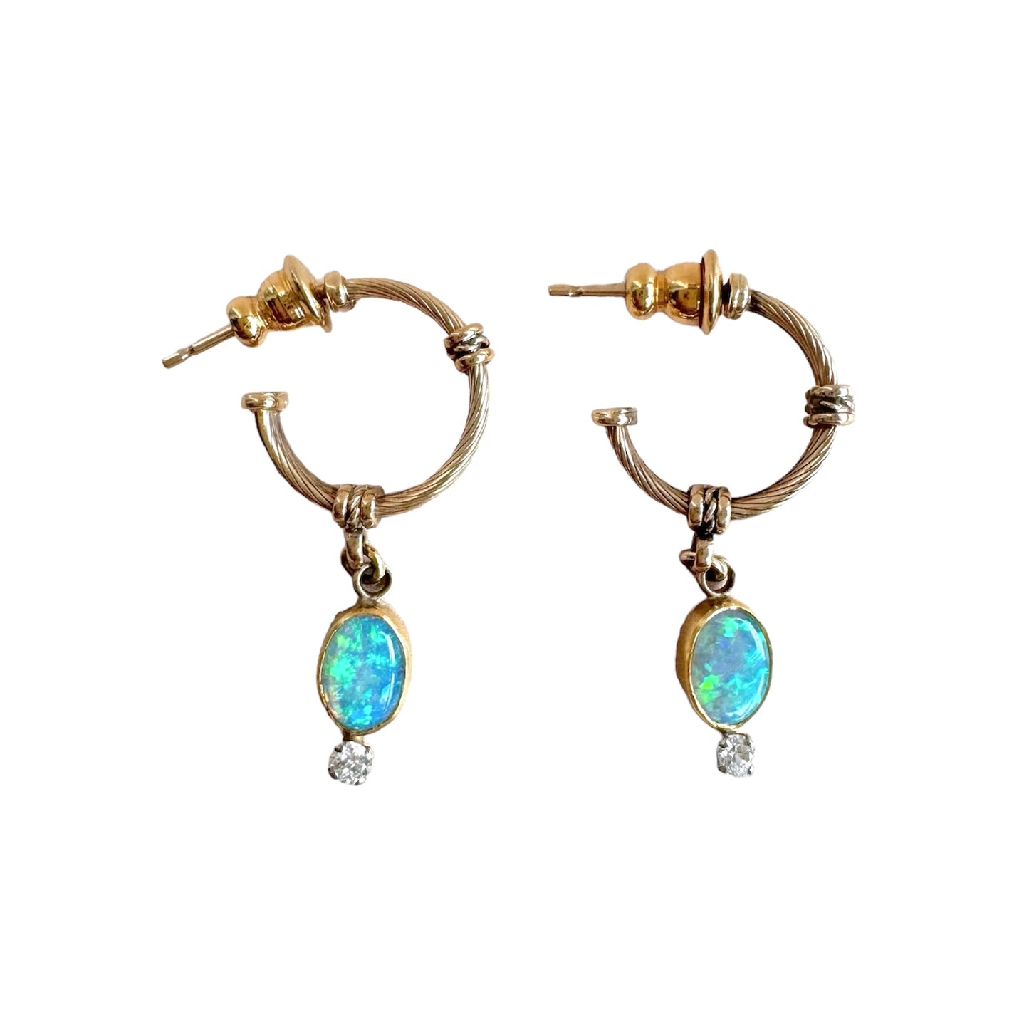 Gold Opal and Diamond Hoop Earrings