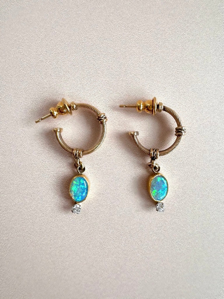 Gold Opal and Diamond Hoop Earrings