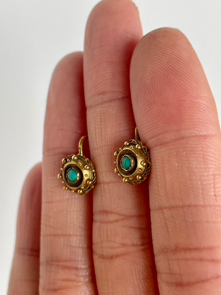 Gold Victorian Etruscan Revival Turquoise Screw Back Earrings