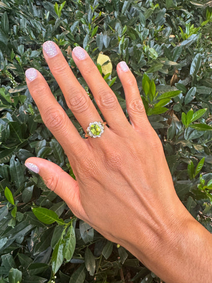 Gold Peridot and Diamond Cluster Ring