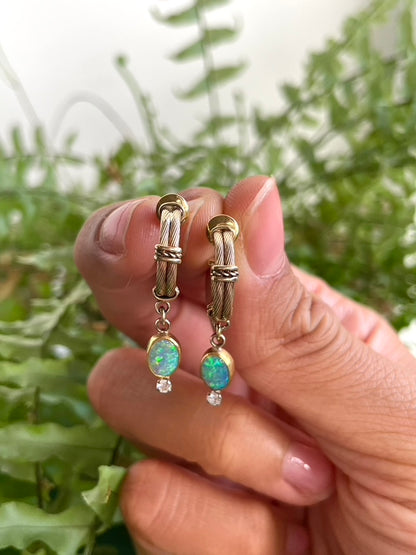 Gold Opal and Diamond Hoop Earrings