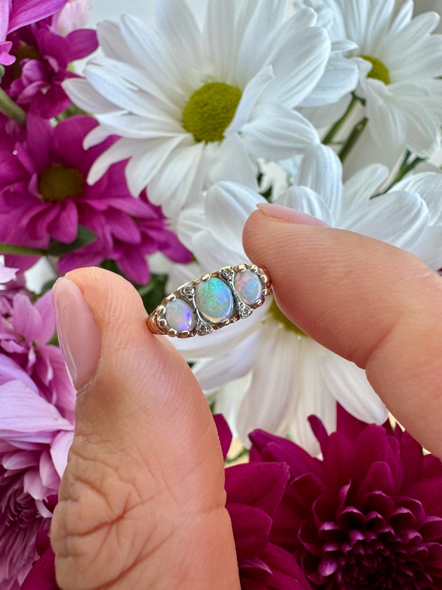 Vintage Opal & Diamond Boat Ring