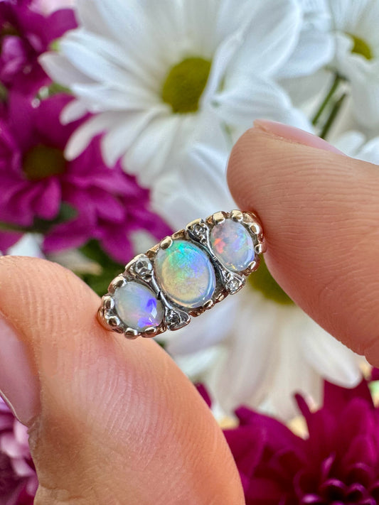 Vintage Opal & Diamond Boat Ring