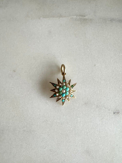 Fine Antique 9ct Gold Pearl and Turquoise Star Charm Pendant