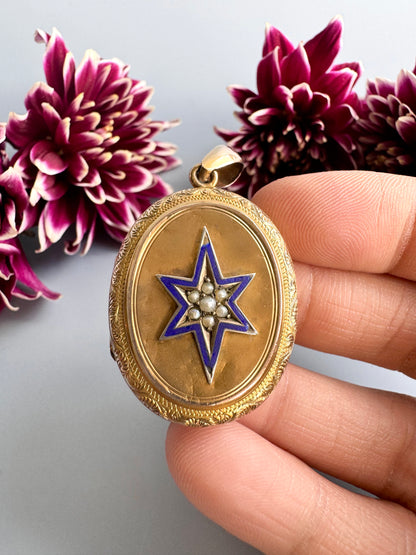 Antique Victorian Split Pearl and Enamel Star Locket