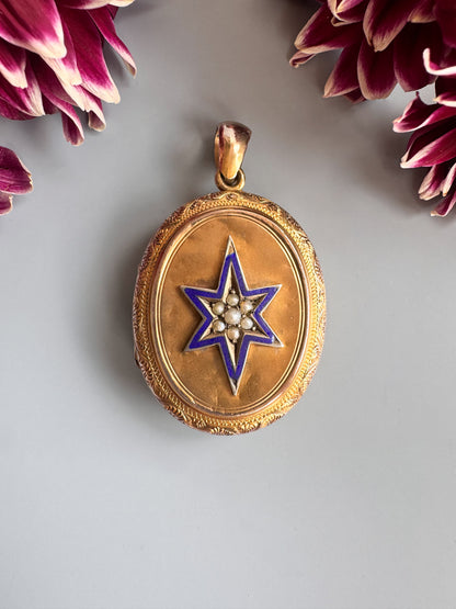 Antique Victorian Split Pearl and Enamel Star Locket