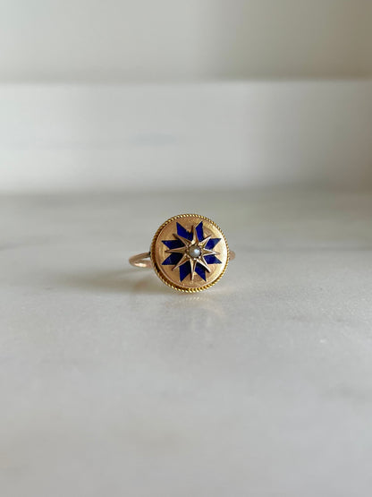 Victorian 9ct Gold Pearl and Enamel Spinning Star Ring