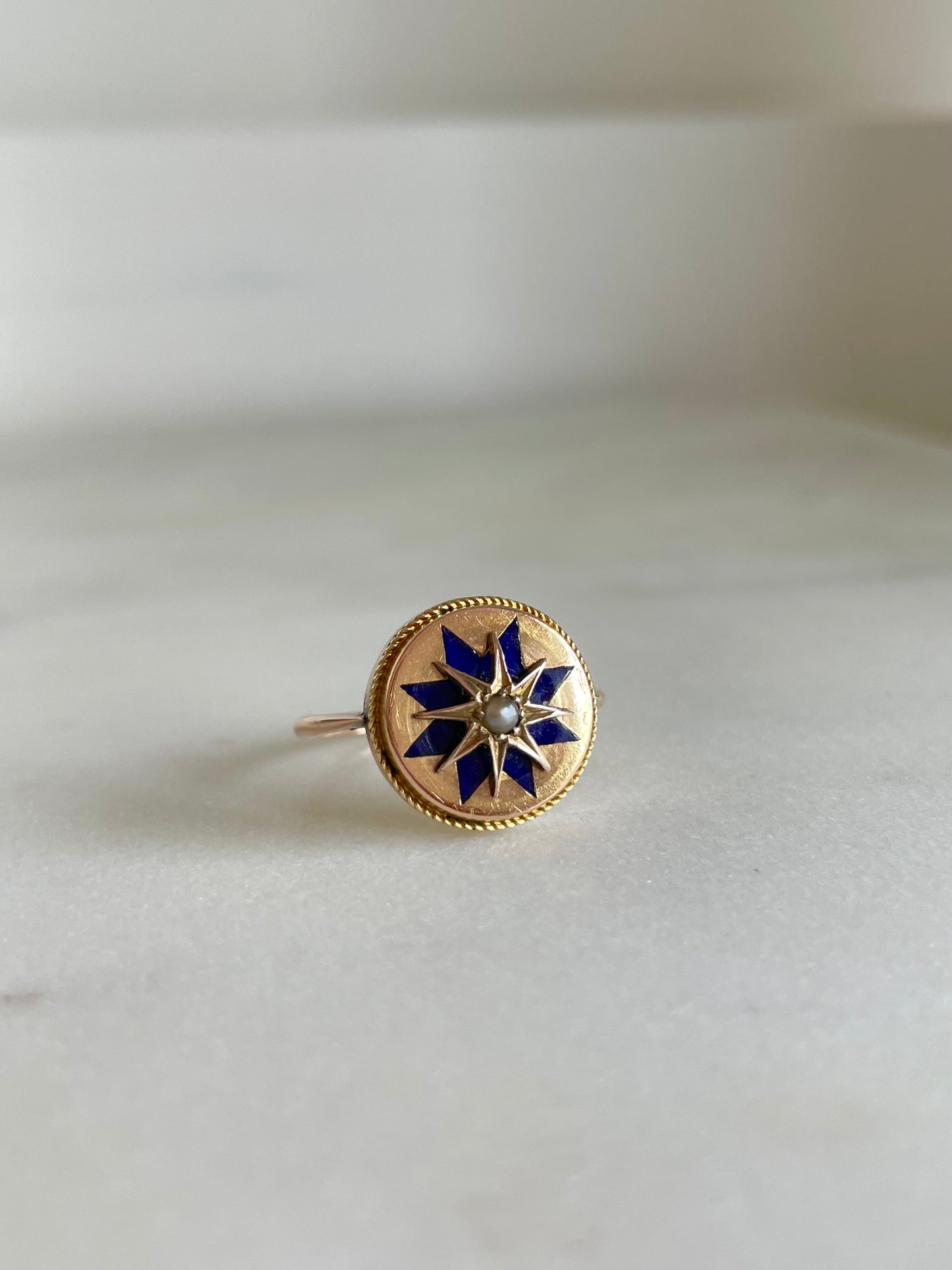 Victorian 9ct Gold Pearl and Enamel Spinning Star Ring