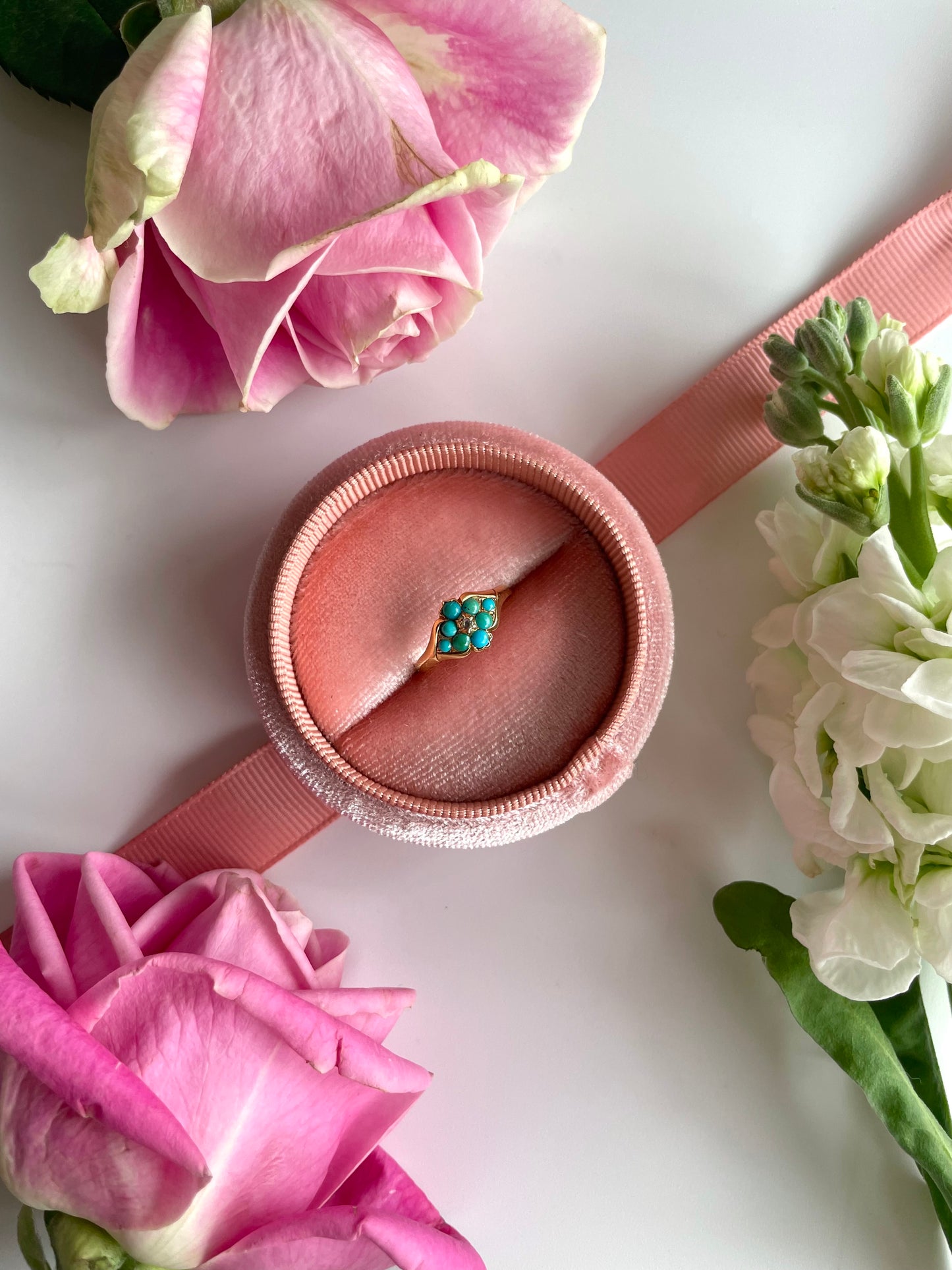 Antique 18ct Gold Turquoise and Diamond Flower Ring