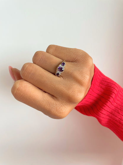 Amethyst and Diamond Set Gold Trilogy Ring