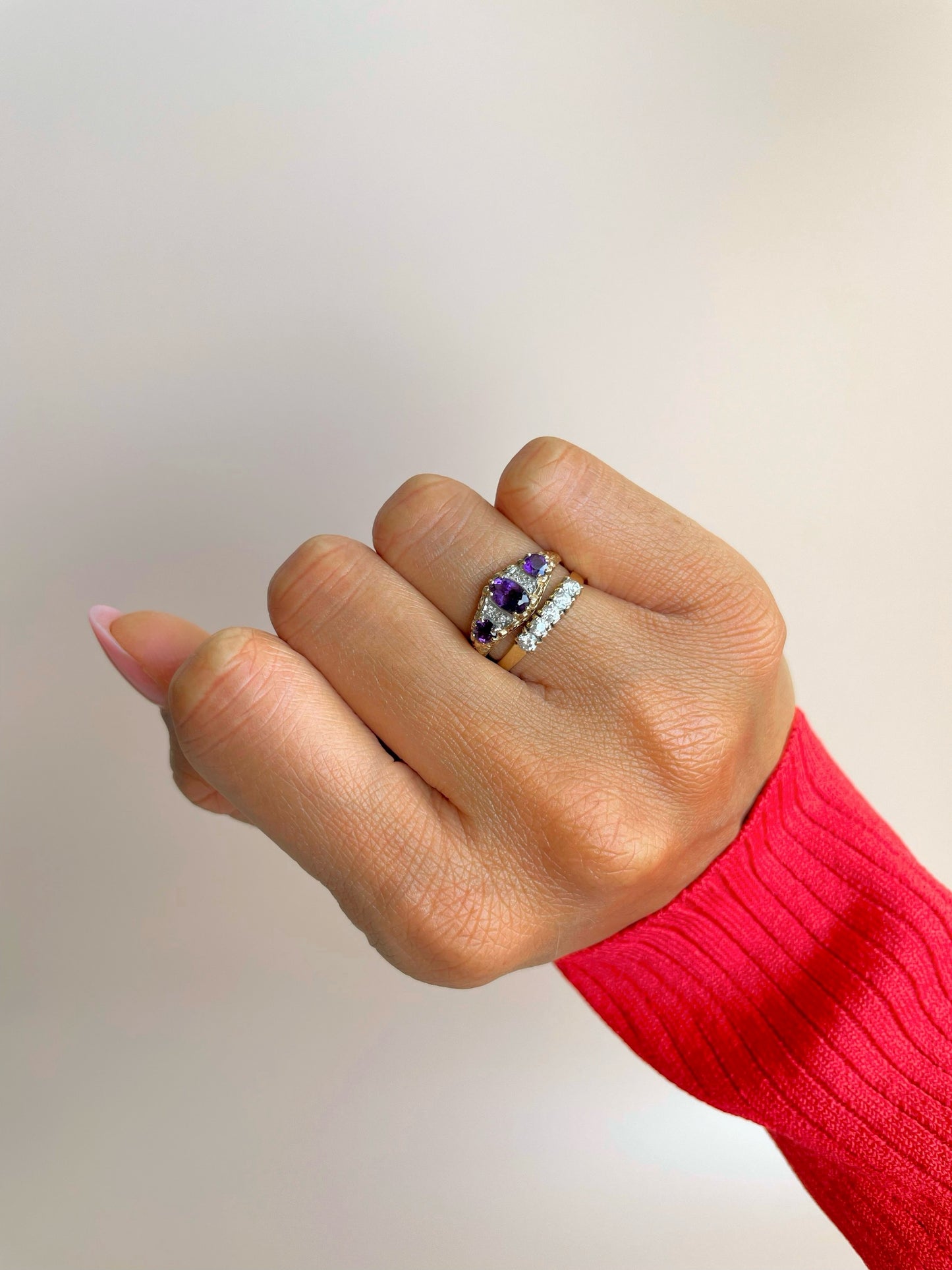 Amethyst and Diamond Set Gold Trilogy Ring