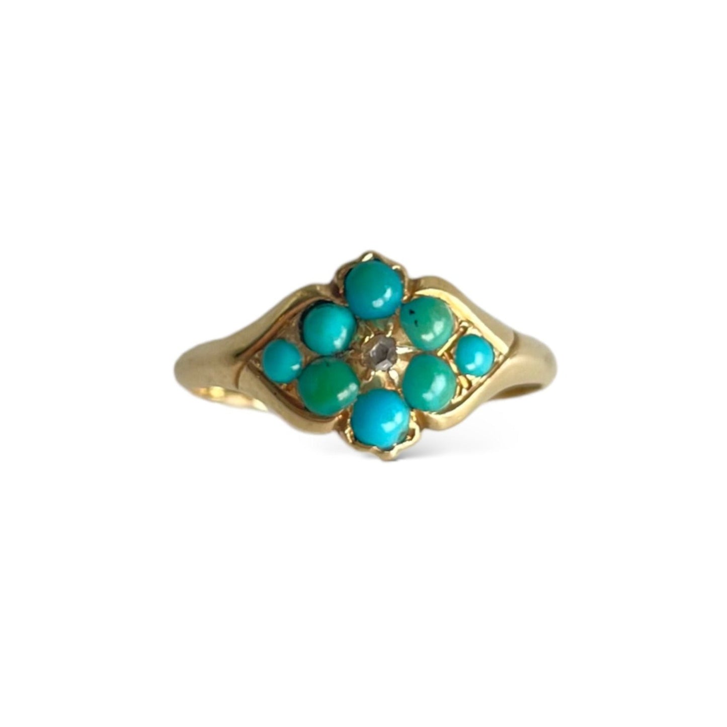 Antique 18ct Gold Turquoise and Diamond Flower Ring