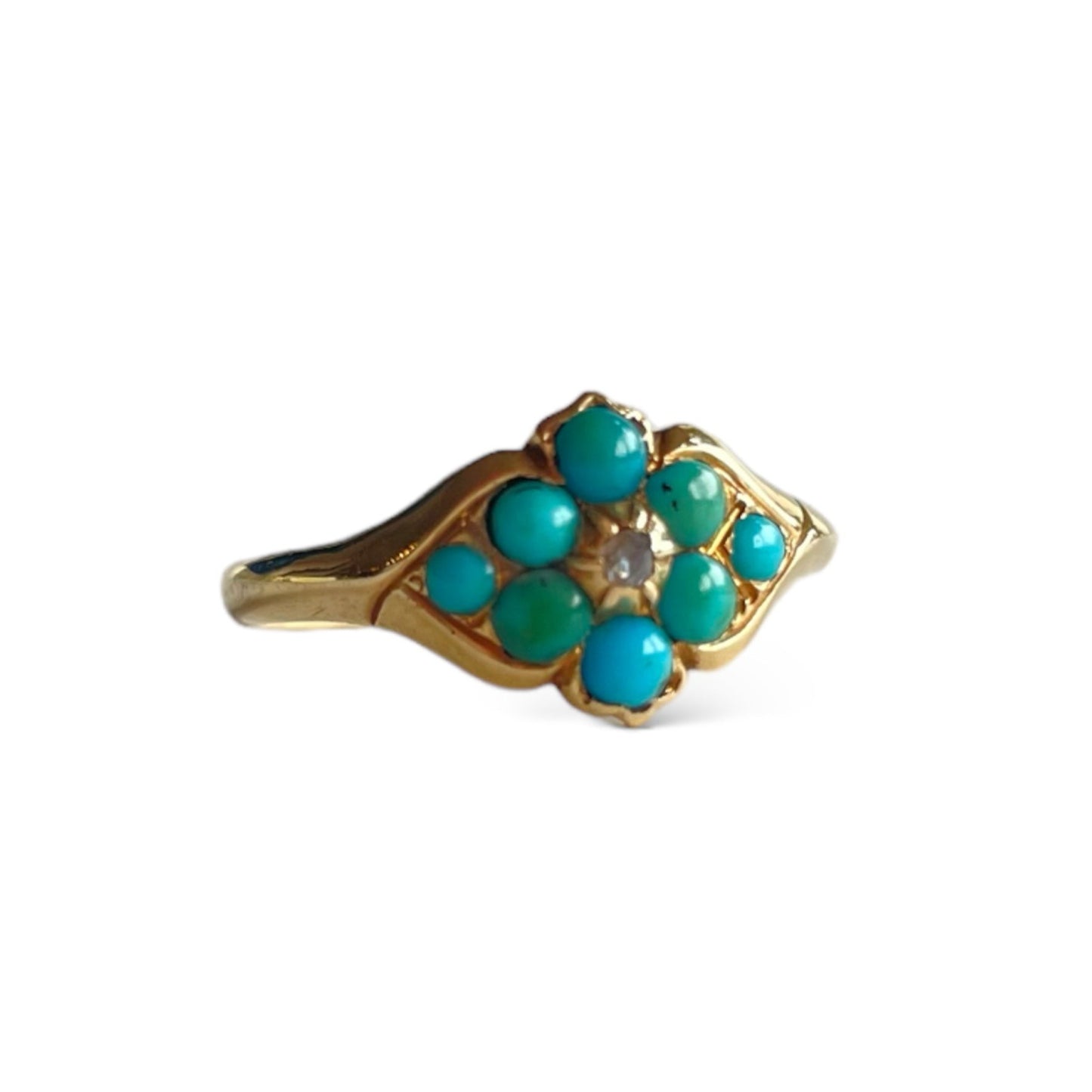 Antique 18ct Gold Turquoise and Diamond Flower Ring