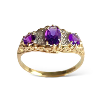 Amethyst and Diamond Set Gold Trilogy Ring