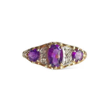 Amethyst and Diamond Set Gold Trilogy Ring