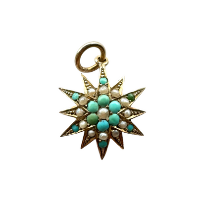 Fine Antique 9ct Gold Pearl and Turquoise Star Charm Pendant